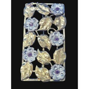 Vintage Brooch Open Work Flowers Leaves Rhinestones Gold Silver Tone Pin